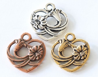 Floral Heart Charms, TierraCast silver, gold & copper plated pewter, 19.6mm lily flower jewelry, 2-sided garden lilies pendant, 2.2mm eyelet