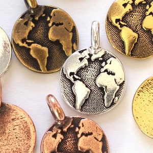 World Charms, TierraCast 16.6mm silver, gold, copper & brass, Earth Day charms, small continents, map pendants, globe charms, 2.6mm loop image 1
