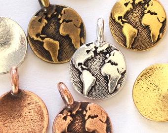 World Charms, TierraCast 16.6mm silver, gold, copper & brass, Earth Day charms, small continents, map pendants, globe charms, 2.6mm loop