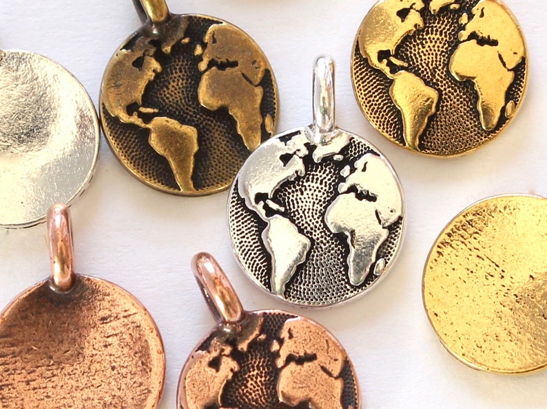 World Charms, TierraCast 16.6mm silver, gold, copper & brass, Earth Day charms, small continents, map pendants, globe charms, 2.6mm loop image 1