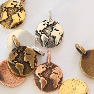 World Charms, TierraCast 16.6mm silver, gold, copper & brass, Earth Day charms, small continents, map pendants, globe charms, 2.6mm loop image 2