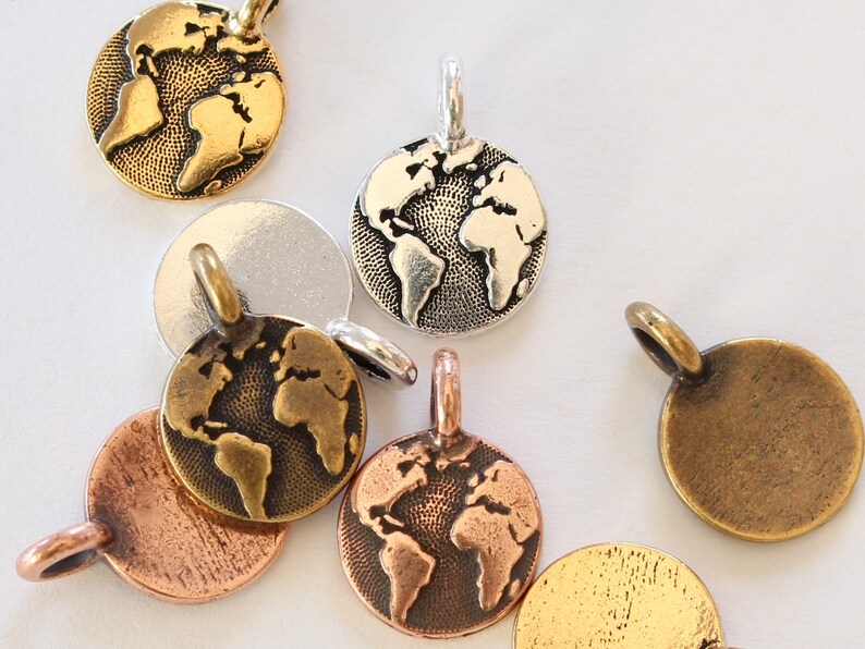 World Charms, TierraCast 16.6mm silver, gold, copper & brass, Earth Day charms, small continents, map pendants, globe charms, 2.6mm loop image 2