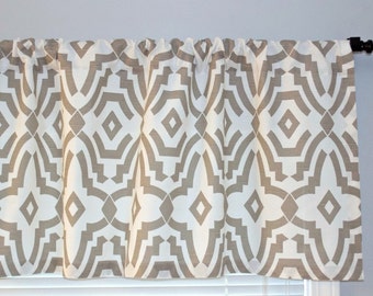 Valance Curtain - Taupe White Premier Prints Chevelle Ecru, Lattice Geometric - Aztec Native Modern Contemporary Bedroom Kitchen Living Room