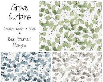 Leaf Curtains, Pair of Rod Pocket Panels, Premier Prints Grove Slub Canvas, Endive Green Peacoat Blue Iron Gray Grey - FREE SHIPPING
