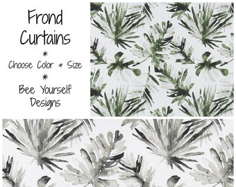 Palm Leaves Curtains, Pair of Rod Pocket Panels, Premier Prints Frond Lubu Sable Slub Canvas, Green Gray, Leaf print on white FREE SHIPPING