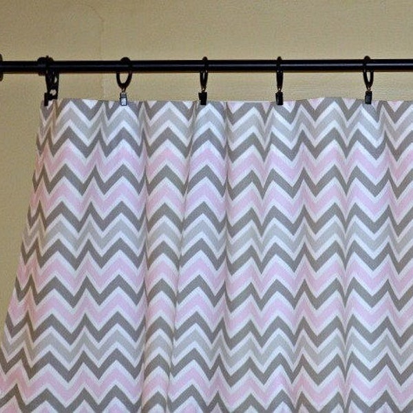 Pink Gray Chevron Curtains, Pair of Rod Pocket Panels, Bella Pink Zoom Zoom Gray White - Bohemian Zig Zag Zigzag Nursery