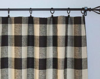 Pair of Buffalo Check Curtain Panels - Anderson Black Linen -  Country Home - Large Gingham  - Farm House Farmhouse - FREE SHIPPING