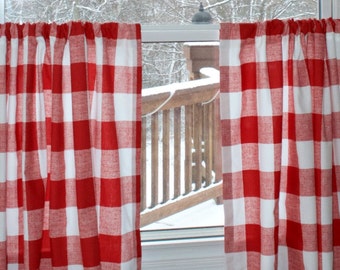 Curtains, Red Buffalo Check Cafe, Pair of Rod Pocket Panels, Premier Prints Lipstick Red White Anderson, Checker Modern Farmhouse