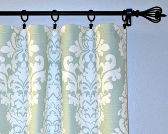 Sage Green Valance Curtain, Damask, Premier prints Berlin Artichoke Green White  -  Cotton Slub - Valence - Pale green Light green