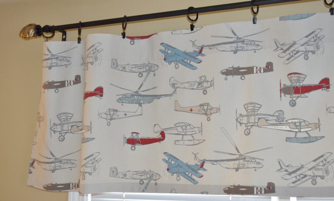 Window Valance Airplane Vintage Air Pewter Grey Blue Red Etsy