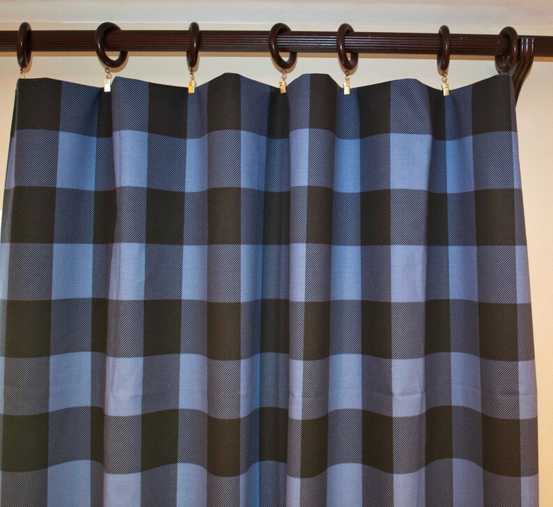 Blue Black Buffalo Check Curtains Pair Of Rod Pocket Panels Image 0