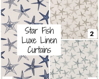 Starfish Curtains, Pair of Rod Pocket Panels, Premier Prints Scott Living Star Fish Luxe Linen Harbor Teal Castle Taupe Seaside Ocean Beach