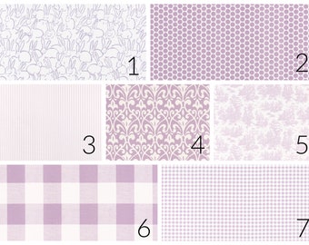 Lilac Purple Curtains - Bedroom Kitchen Living Room - Bunny Polka Dots Ticking Stripes Damask Toile Buffalo Check Gingham - Orchid on White