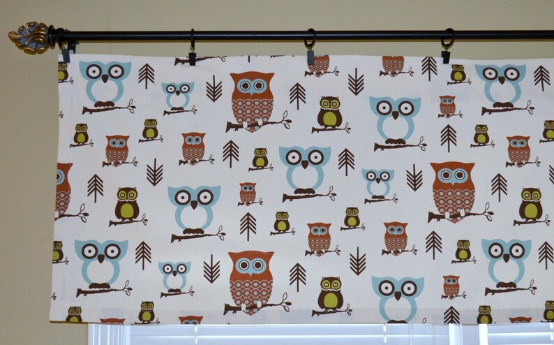 Owl Window Valance Hooty Owl Village Natural Brown Blue Etsy