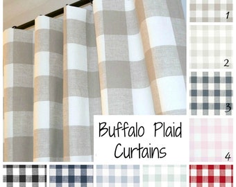 FARMHOUSE Curtains, Buffalo Check Plaid, Anderson, Pair of Rod Pocket Panels, Taupe Gray Pink Red Cashmere Blue Navy Black Orange Orchid