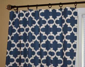 Blue Curtain, Pair of Rod Pocket Panels, 50" W x 108"L Quatrefoil Fynn Cadet Blue Ivory, Lattice, Moroccan - READY TO SHIP