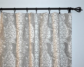 Indoor Outdoor Curtains, Pair of Rod Pocket Curtain Panels, Manchester Gray White - Distressed Damask