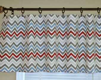 Chevron Rod Pocket Valance -  Pewter Natural Zoom Zoom Zig Zag  - Grey, Blue, Red - Valence