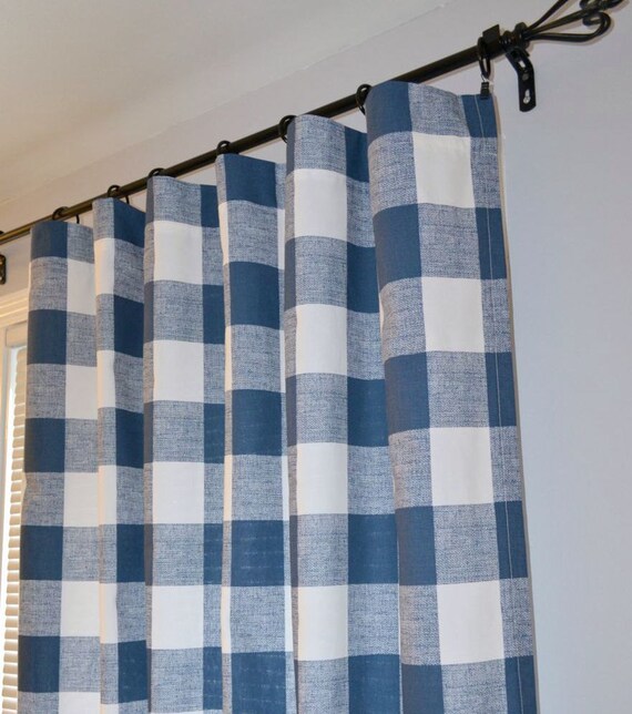 Navy Blue Buffalo Check Curtains Pair Of Rod Pocket Panels Etsy