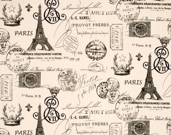 Paris Cafe Curtains, Premier Prints French Stamp Natural / Onyx Black - Eiffel Tower, France, French Country - Parisian