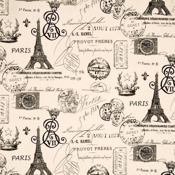 Paris Cafe Curtains, Premier Prints French Stamp Natural / Onyx Black - Eiffel Tower, France, French Country - Parisian