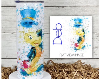 Tumbler Jiminy Cricket 20oz Skinny Tumbler - Disney Character Waterbottle Stainless Steel Water Bottle Pinocchio Geppetto Fairy Cup Mug