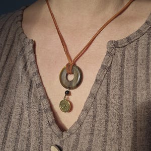 Ladies leather, and stone pendant necklace. Handmade