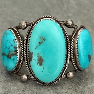 Vintage Navajo HEAVY BIG Turquoise with Pyrite Sterling Silver Bracelet 6-1/2&quot;