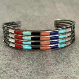 Vintage Zuni ANSON Leticia WALLACE Inlay Turquoise Coral Mother of pearl Onyx Multi Stone Sterling Bracelet