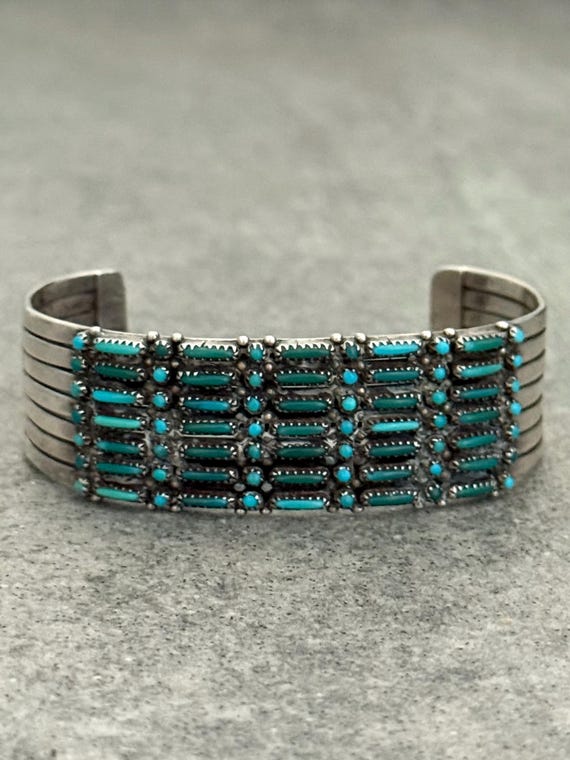 Vintage ZUNI NATEWA 7 ROW Dash-Dot Petit Point Turquoise Sterling Bracelet 6.25