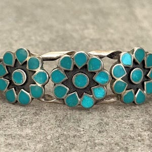 Vintage NAVAJO ZUNI CHANNEL lNLAY Turquoise Flower Sterling Bracelet 6&quot;