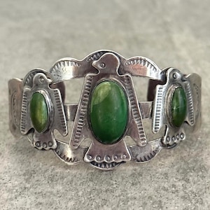 Vintage FRED HARVEY Era Navajo 3 Turquoise Thunderbird Sterling Bracelet 42+g 7 in
