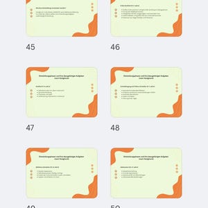 Könnte beinhalten: Sechs Lernkarten mit deutschem Text, jeweils mit hellgelbem Hintergrund und einem orangefarbenen, abstrakten Design. Die Karten sind von 45 bis 50 nummeriert.