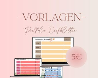 May include: Digital weekly planner templates displayed on three laptops. The text on the screen reads "UNSER WOCHENPLAN" and "Portfolio Deckblätter". The background is a soft pink with the text "-VORLAGEN-" at the top. The website address "erzieher.wissen.und.co" is at the bottom.