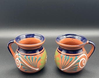 Mugs peints à la main en poterie en grès de Tonala du Mexique, motif floral - Lot de 2