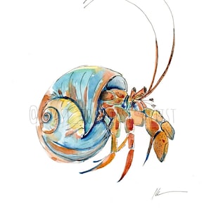 Print: Hermit Crab Watercolor Painting, Fishing Cabin, Bayou, Crabbing, Ocean, Sea, Blue