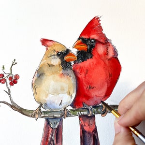 Print: Beautiful Red Cardinal Pair Male and Female Watercolor Painting, Winter, Tree, Love, Anniversary Birthday Spirit