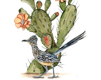 Print : Beautiful Roadrunner Bird and Blooming Cactus Prickly Pear Blossom, Birdwatcher, Desert, Sonora