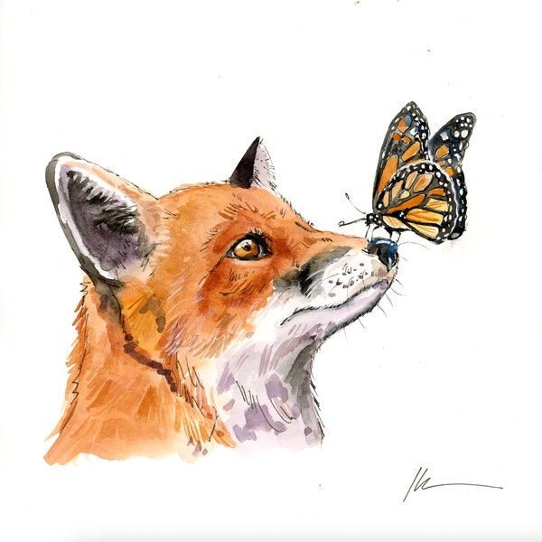 Original: Red Fox and Butterfly Baby Nursery Woodland Animal, Painting, Watercolor Art