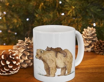 Momma Bear Cub Ceramic Coffee Mug, Wildlife Art, 11oz