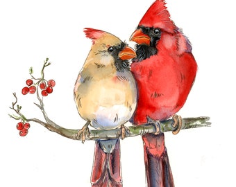 Print: Beautiful Red Cardinal Pair Male and Female Watercolor Painting, Winter, Tree, Love, Anniversary Birthday Spirit