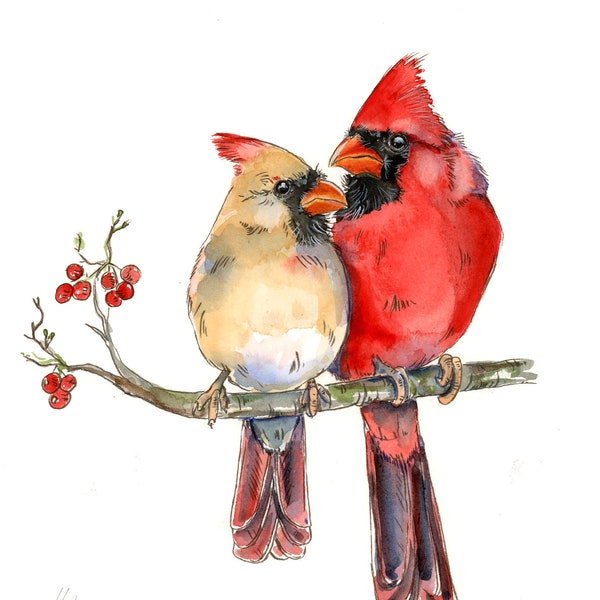 Print: Beautiful Red Cardinal Pair Male and Female Watercolor Painting, Winter, Tree, Love, Anniversary Birthday Spirit