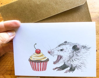 Birthday Party Opossum Possum Blank Greeting Card, Note Card, Thank you, Woodland, Wildlife Lover, Animal Rehab