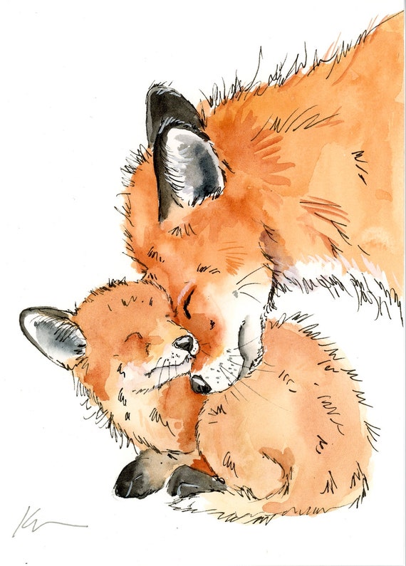 Print : Momma and Kit Red Fox Baby Nursery Woodland Animal - Etsy