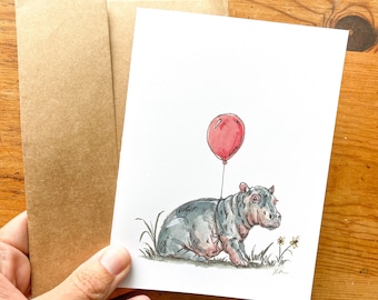 Birthday Hippo Celebrate Blank Greeting Card, Note Card, Thank you, Hippopotamus