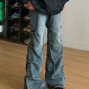 American retro pleated jeans for men and women, loose, versatile, flared, clean fit, long pants, trendy