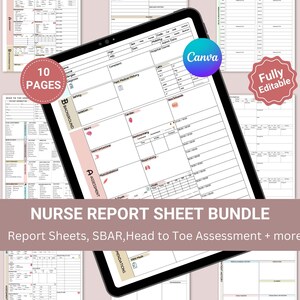 May include: A digital tablet displaying a nurse report sheet bundle. The screen shows a detailed medical form with sections for patient assessment and medical history. The image includes the text "NURSE REPORT SHEET BUNDLE" and "Report Sheets, SBAR, Head to Toe Assessment + more."