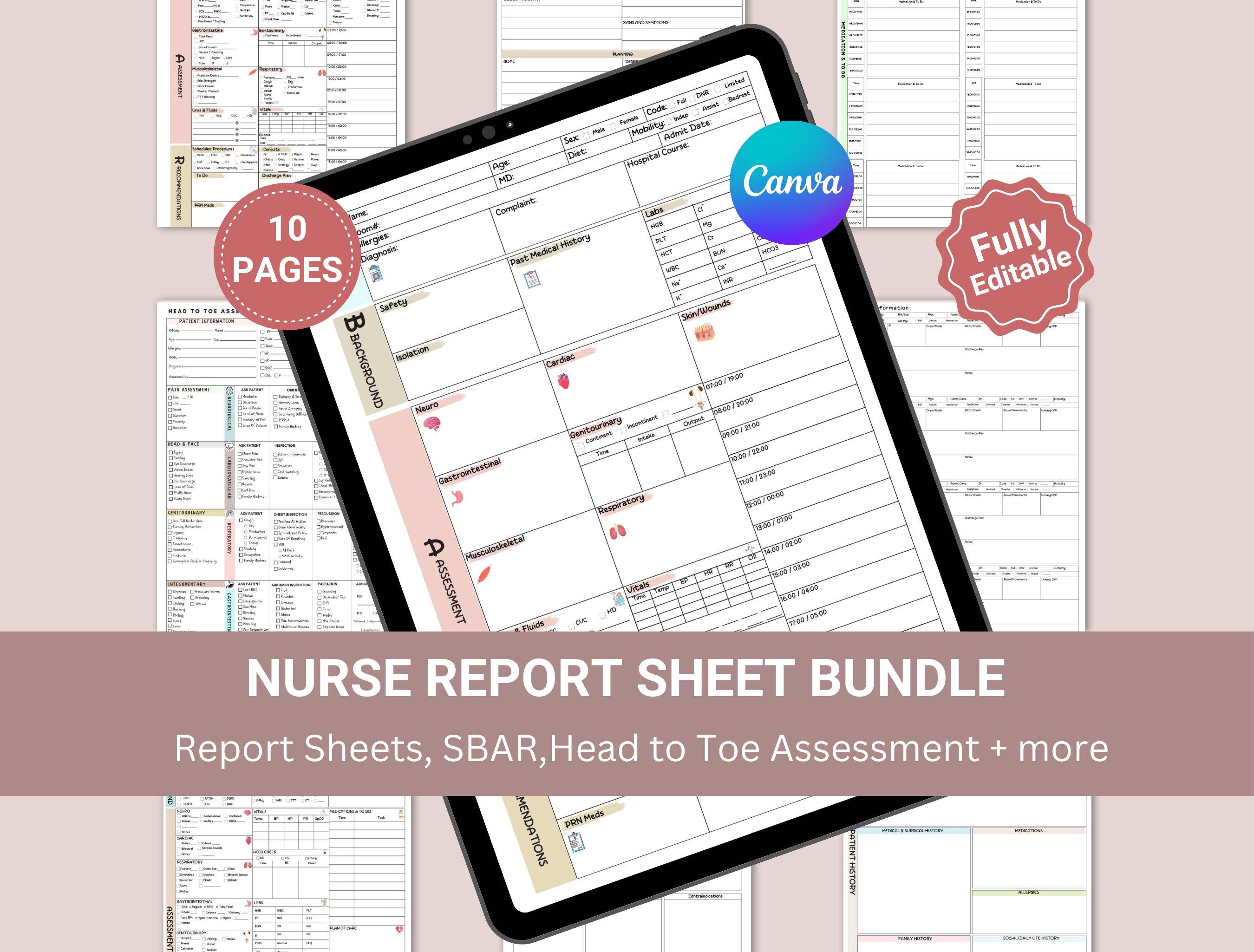 Nurse Sheets Bundle, Nurse Report Sheet, SBAR, Head to Toe Assessment ...