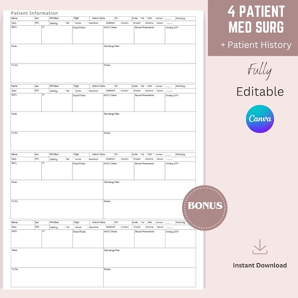 Informe de enfermería para 4 pacientes, informe de cirugía médica, varios pacientes, informe de UCI, imprimible, Nursing Brain, transferencia de enfermería, PDF