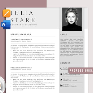 May include: A black and white photo of a woman with long, straight hair. The photo is in a frame on a white background. The text "JULIA STARK" is at the top of the page, and the text "BERUFSBEZEICHNUNG" is below it. The text "PROFIL" is at the top of the right side of the page. The text "KONTAKT" is below "PROFIL". The text "PROFESSIONELL" is at the bottom of the right side of the page. The text "STELLENBEZEICHNUNG HIER" is at the top of the left side of the page. The text "Unternehmen, Ort Datum-Datum" is below it. The text "Verwenden Sie immer einen separaten Lebenslauf für jede Stelle, da ihre Erfahrung und ihr Fachwissen für verschiedene Stellen unterschiedlich sein können" is below that. The text "Wenn Sie ein neuer Bewerber sind, erwähnen Sie akademische Projekte, Freiwilligenarbeit und Praktika die Sie im" is below that. The text "Halten Sie die Länge der einzelnen Aufzählungspunkte so kurz wie möglich, idealerweise nicht länger als zwei/drei Zeilen" is below that. The text "Setzen Sie Prioritäten und listen Sie Ihre Fähigkeiten, Zertifizierungen und Erfahrungen auf, die für die Stelle, auf die Sie sich bewerben, direkt anwendbar sind" is below that. The text "STELLENBEZEICHNUNG HIER" is at the top of the left side of the page. The text "Unternehmen, Ort Datum-Datum" is below it. The text "Verwenden Sie immer einen separaten Lebenslauf für jede Stelle, da ihre Erfahrung und ihr Fachwissen für verschiedene Stellen unterschiedlich sein können" is below that. The text "Wenn Sie ein neuer Bewerber sind, erwähnen Sie akademische Projekte, Freiwilligenarbeit und Praktika die Sie im" is below that. The text "Halten Sie die Länge der einzelnen Aufzählungspunkte so kurz wie möglich, idealerweise nicht länger als zwei/drei Zeilen" is below that. The text "Setzen Sie Prioritäten und listen Sie Ihre Fähigkeiten, Zertifizierungen und Erfahrungen auf, die für die Stelle, auf die Sie sich bewerben, direkt anwendbar sind" is below that.